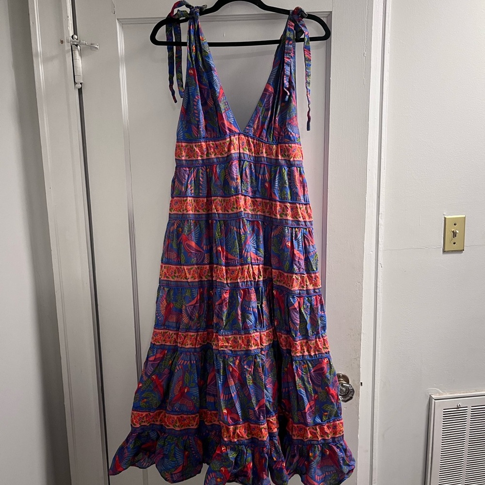 FARM Rio Purple and Pink Tiered V-Neck Midi Dress